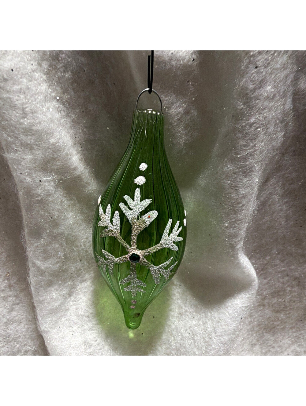Green/Silver Christmas Teardrop Glass Hanging Ornament, Snowflake Pattern, 1